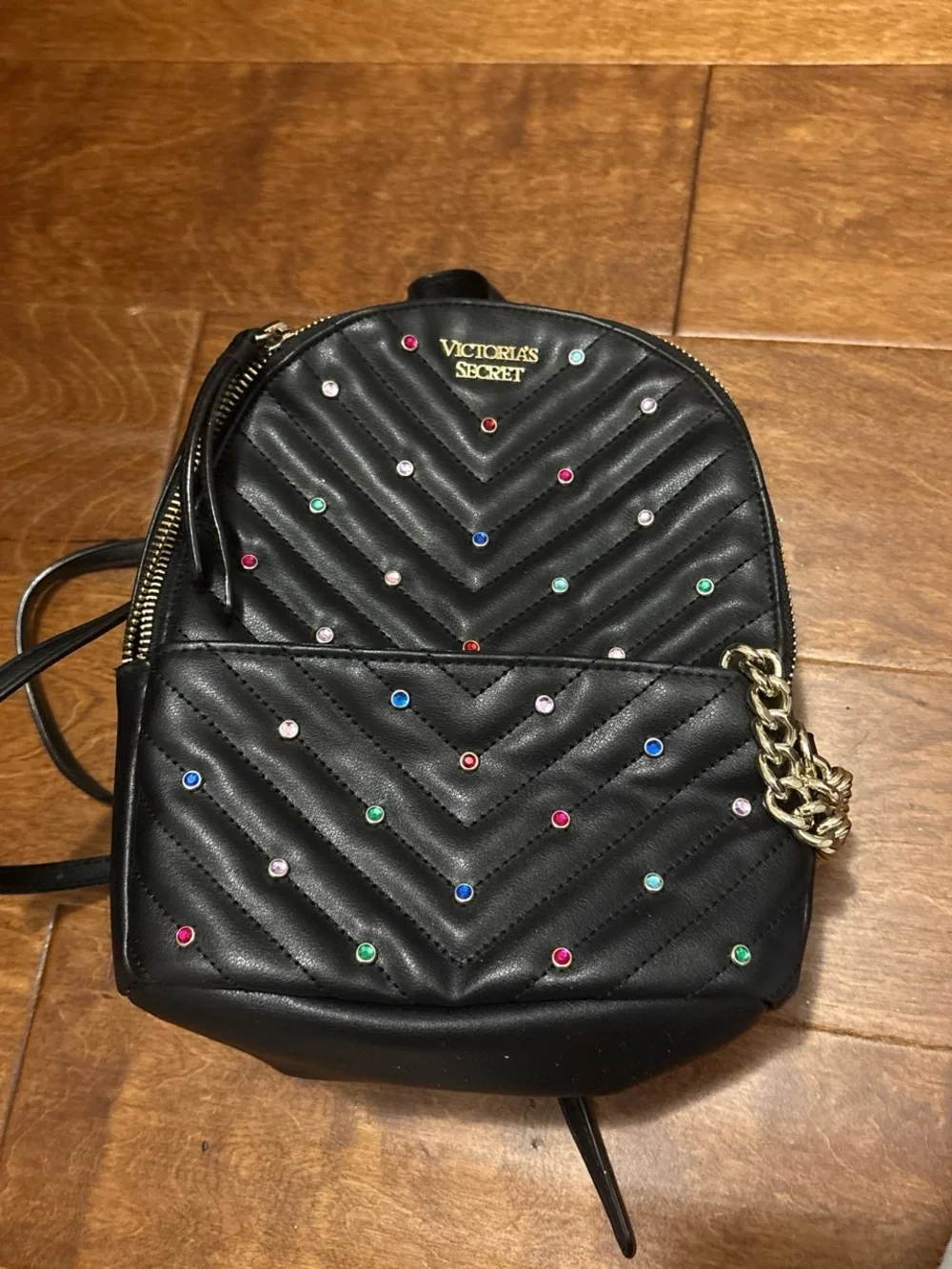 Victoria's Secret Black Quilted Mini Backpack with Multicolor Gem Studs - Picture 2 of 2